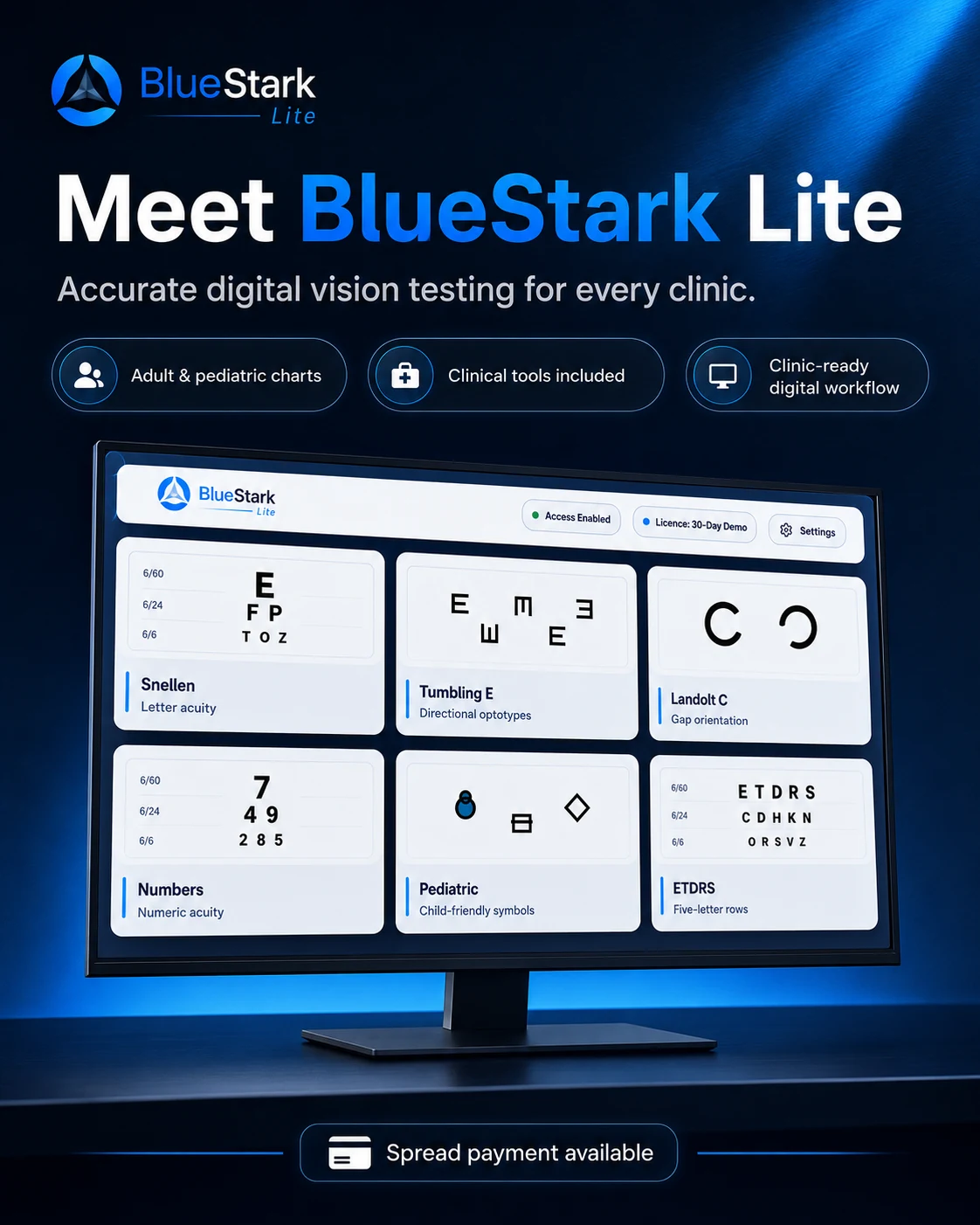 BlueStark Digital Acuity Chart Lite complete chart unit interface on chart monitor